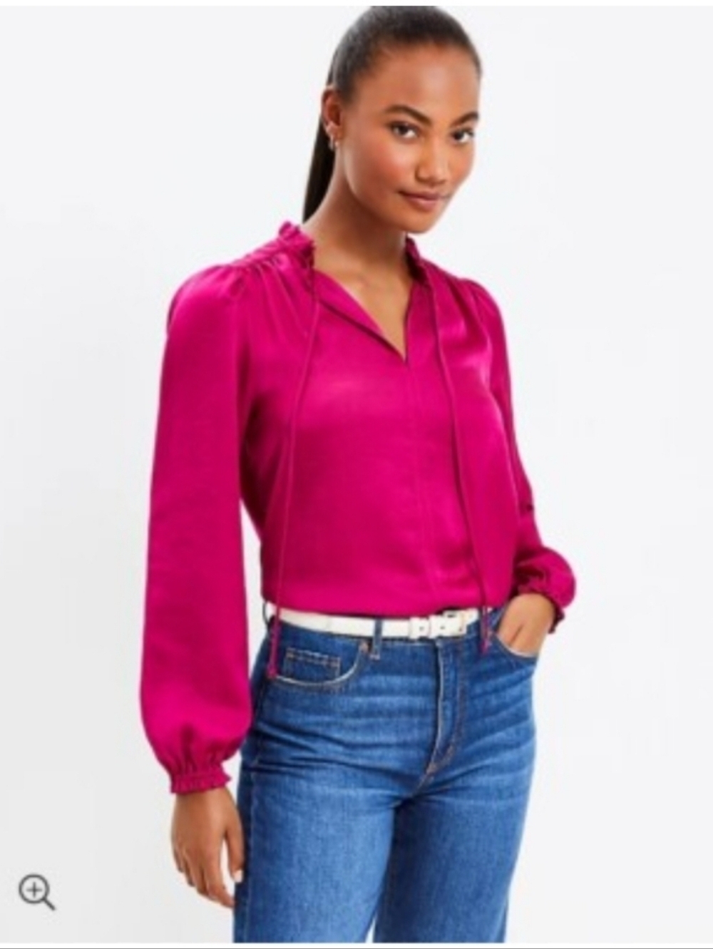 NWT LOFT Ruffle Tie Neck Mixed Media Blouse Long Sleeve Magenta Pink Stretch S